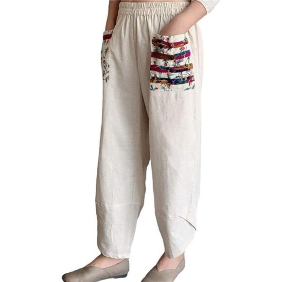Women´s Baggy Linen Wide Leg Trouser Casual Patchwork...